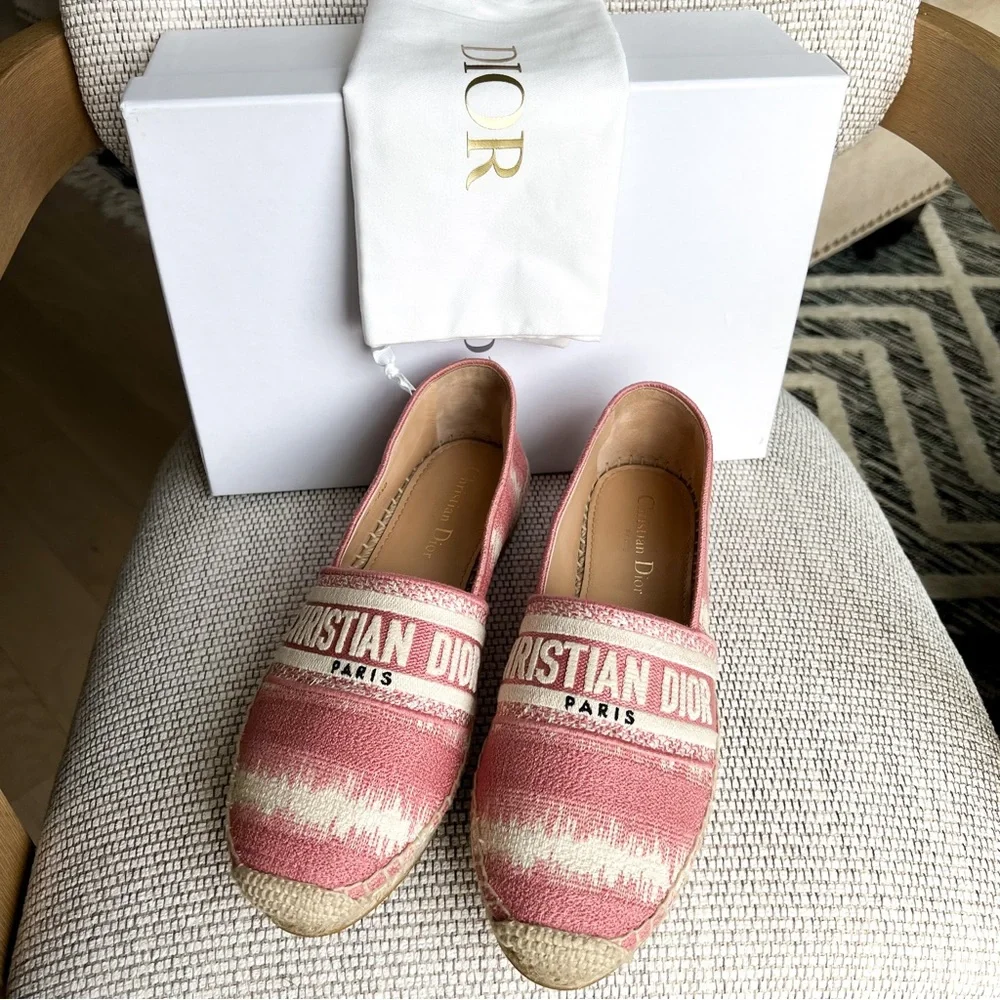 Dior Pink Granville Embroidered D Stripe Cotton Espadrille Flats - Picture 2 of 8